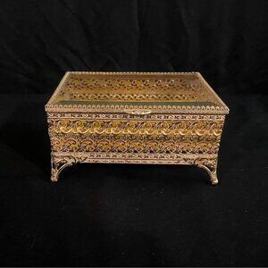 1950s Vintage Gold Filigree Glass Top Velvet Lined Jewelry Box